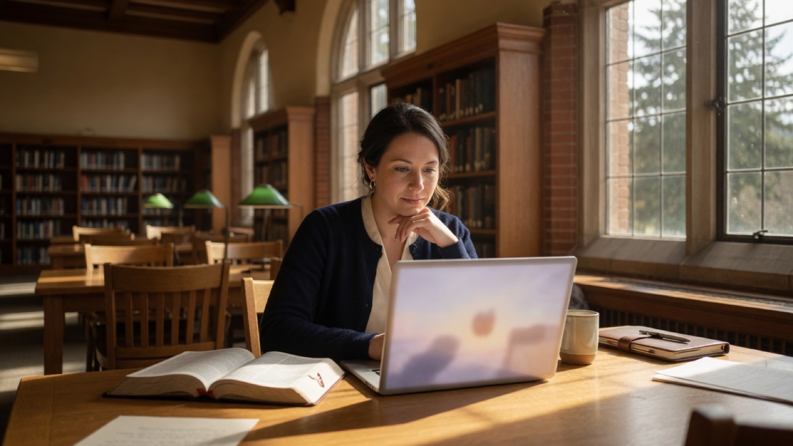 A person studies with an open Bible beside a laptop in warm library light