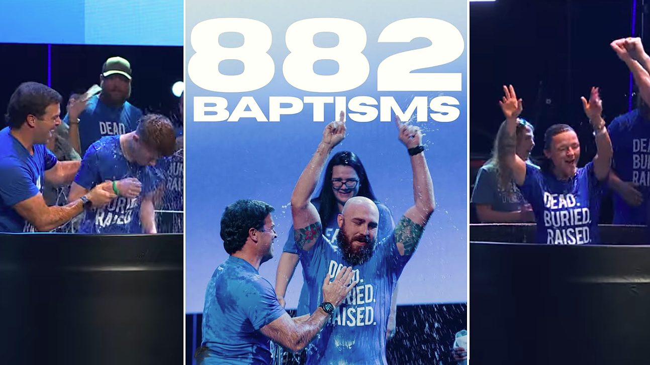Baptism Sunday at Lakepointe Church: soaked people in blue shirts celebrate at the water beneath a graphic that reads 882 baptisms